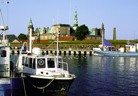 Boats in the strait beside Kronborg Slot (Castle), Helsingør. Denmark.
