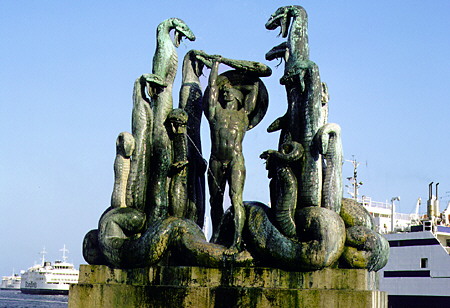 Statue of Hydra slaying the Medusa on the Helsingør waterfront. Denmark.