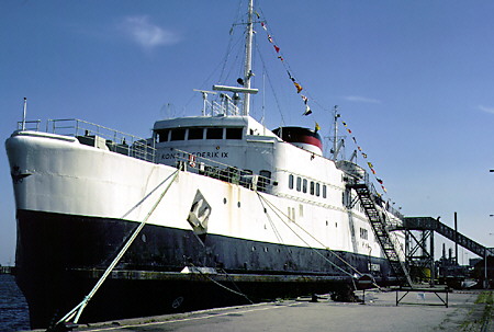 Ship Kong Frederik IX docked in the Nyborg harbor. Denmark.