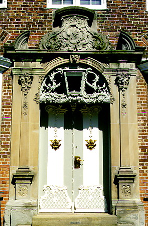 Orante doorway of a building on Main Street in Tønder. Denmark.