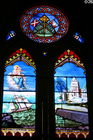 New Haven Cathedral stained glass showing Dominica as a safe port. Roseau, Dominica.