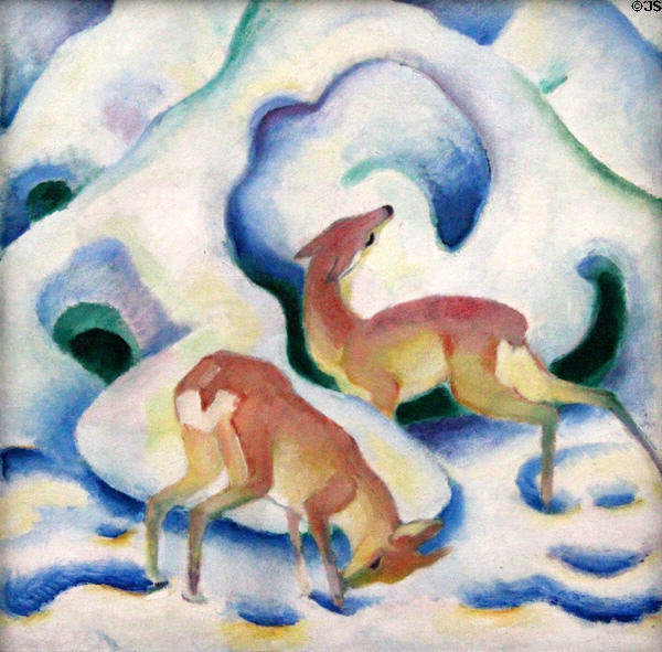 Deer in Snow II painting (1911) by Franz Marc at Lenbachhaus. Munich, Germany.