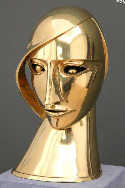 Head in brass sculpture (1925) by Rudolf Belling at Lenbachhaus. Munich, Germany.