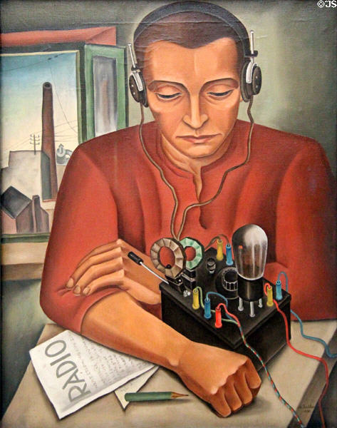 Man Listening to the Radio painting (1930) by Max Radler at Lenbachhaus. Munich, Germany.