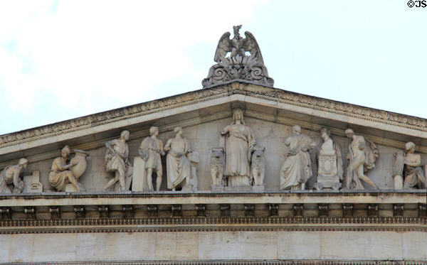 Pediment carvings of Antikensammlungen (1838-45) depict various arts. Munich, Germany.