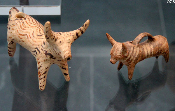 Cyprian terracotta molded pouring vessels in shape of bulls (14th-13th C BCE) from Cyprus at Antikensammlungen. Munich, Germany.