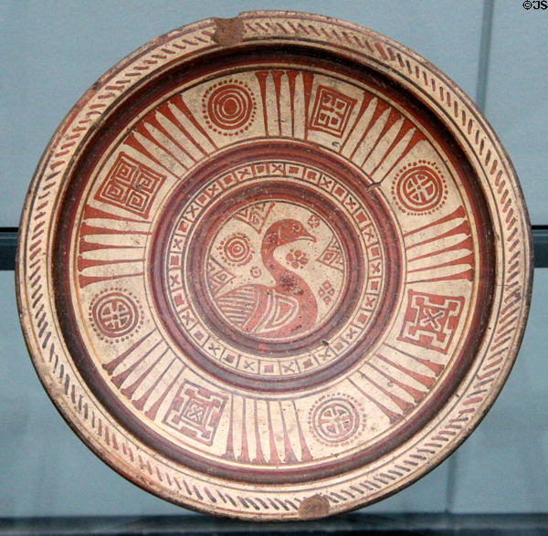 Greek terracotta plate with duck design (c575-550 BCE) from Eastern Greece at Antikensammlungen. Munich, Germany.