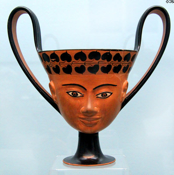 Greek terracotta Kantharos wine cup with face design (c540-530 BCE) from Eastern Greece at Antikensammlungen. Munich, Germany.