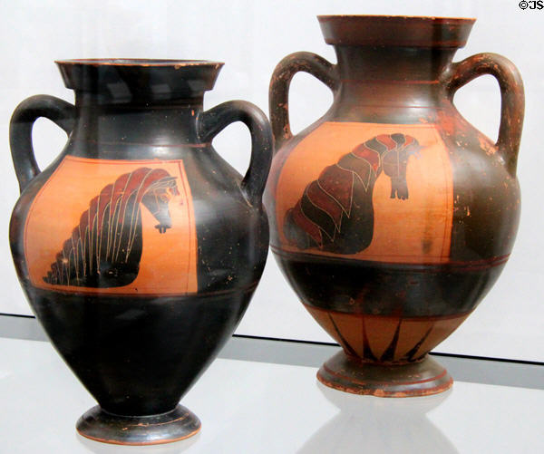 Greek terracotta black-figure amphoras with horses (c575-525 BCE) from Corinth at Antikensammlungen. Munich, Germany.