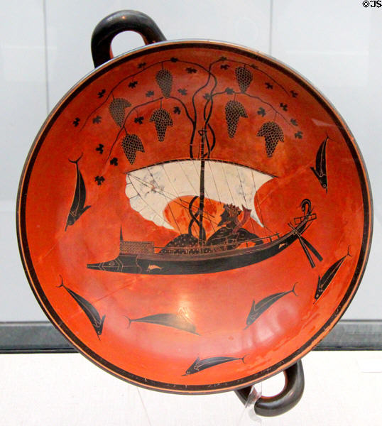 Greek terracotta black-figure drinking cup with Dionysus on a Boat surrounded by Porpoises (c540-530 BCE) at Antikensammlungen. Munich, Germany.