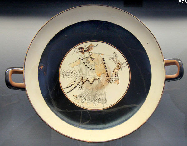 Greek terracotta white-background drinking cup with Maenad & leopard & snake coiled in hair (c490-480 BCE) by Brygos-painter at Antikensammlungen. Munich, Germany.