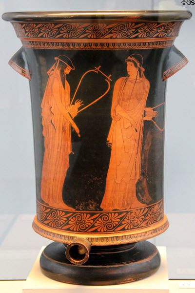 Greek terracotta red-figure wine bucket with lyre players (c470 BCE) by Brygos-painter at Antikensammlungen. Munich, Germany.