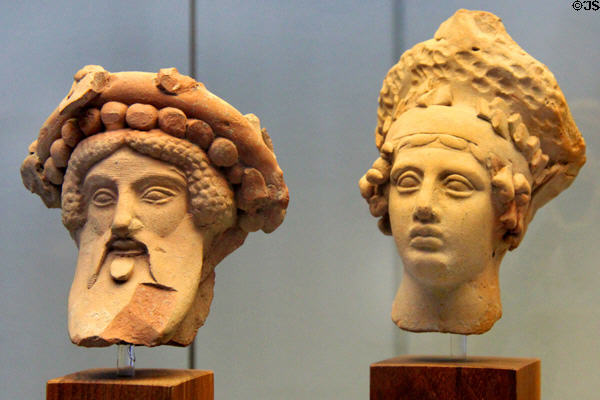 Greek terracotta heads of two men (c480-460 BCE) from Taranto, Italy at Antikensammlungen. Munich, Germany.