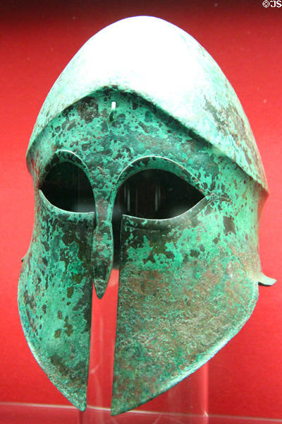 Corinthian bronze helmet (6th-5th C BCE) from Greece at Antikensammlungen. Munich, Germany.