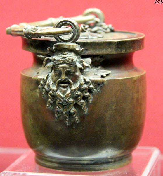 Greek bronze inkwell with handle in shape of Dionysus (2nd half 1st C BCE) from grave at Meroë, Sudan Nile at Antikensammlungen. Munich, Germany.