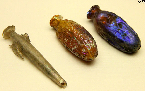 Form-blown glass perfume flasks (1st C CE) from Eastern Mediterranean at Antikensammlungen. Munich, Germany.