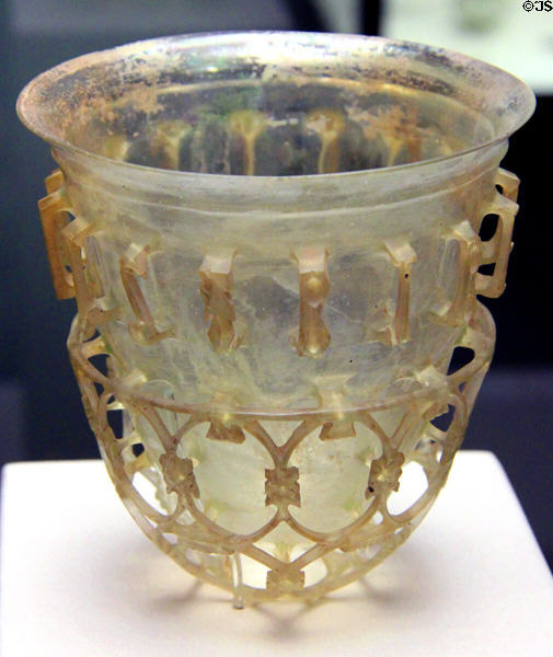 Roman glass cage cup (4th C CE) from Cologne, Germany at Antikensammlungen. Munich, Germany.