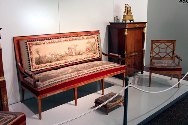 Settee & armchair with tapestry covers by Aubusson or Beauvais (c1780) flanking secretary (c1810) both made in Munich & owned by Max I Joseph at Bavarian National Museum. Munich, Germany.