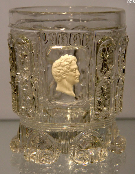 Glass beaker with portrait of King Ludwigs I (c1840) prob. Baccarat at Bavarian National Museum. Munich, Germany.