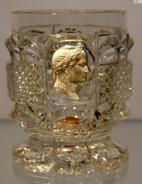 Glass beaker with portrait of Napoleon (after 1830) prob. Baccarat after 1804 portrait at Bavarian National Museum. Munich, Germany.
