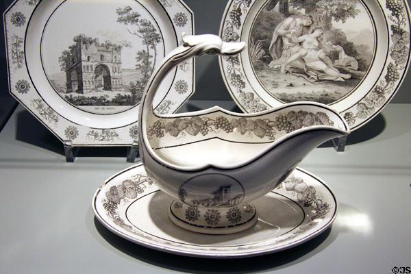 Stoneware serving gravy boat & plates (c1810) by Manuf. Creil of France at Bavarian National Museum. Munich, Germany.