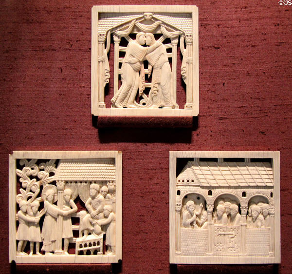 Ivory carved plaques from Cathedral of Magdeburg (c967) showing Visitation; Christ before Pilate; & Christ appears to disciples at Bavarian National Museum. Munich, Germany.