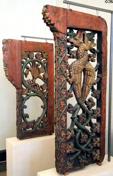 Carved choir stall dividers (c1340-50) from church in Berchtesgaden, Bavaria at Bavarian National Museum. Munich, Germany.