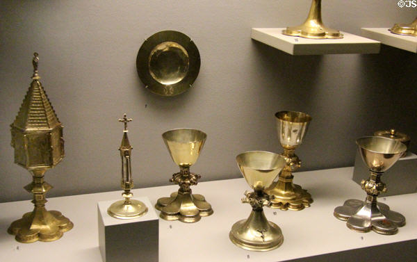 German liturgical metal vessels (14th & 15thC) at Bavarian National Museum. Munich, Germany.