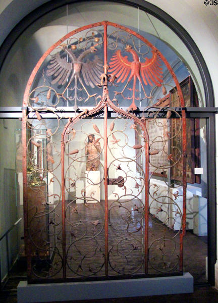 Wrought iron gate with two eagles (2nd half 15thC) from castle in Tirol at Bavarian National Museum. Munich, Germany.