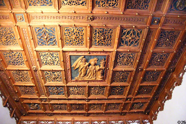 Carved wooden ceiling with annunciation scene from prince-bishop's Passau palace (1490-1500) at Bavarian National Museum. Munich, Germany.