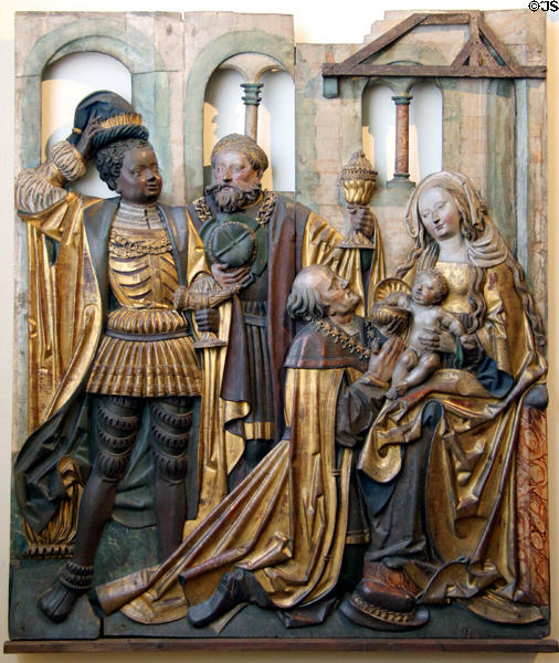 Adoration of the Three Kings wood carving (1523-4) by workshop of Niklaus Wechmann from Ulm at Bavarian National Museum. Munich, Germany.