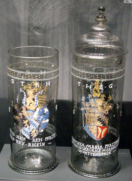 Two glass Humpens with arms of Pfalzgrafen Otto Heinrich II von Sulzbach & his wife Dorothea Maria von Württemberg (1596) at Bavarian National Museum. Munich, Germany.