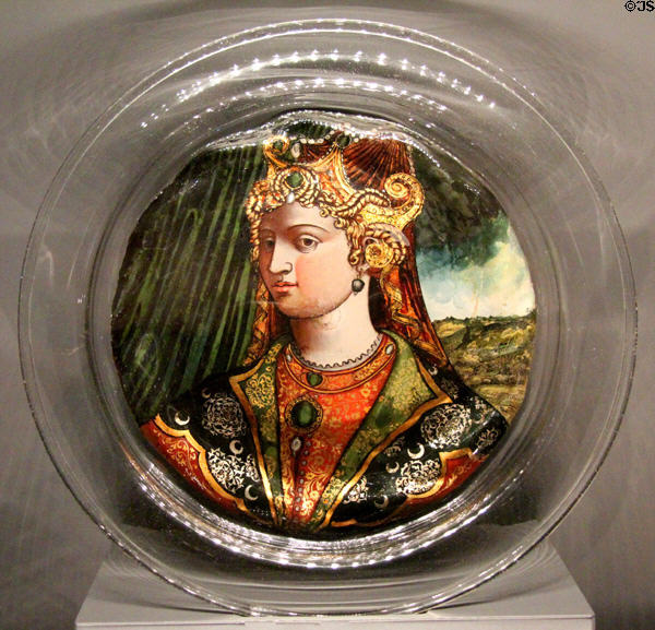 Glass bowl with portrait of Roxelane (mid 16thC) from Venice at Bavarian National Museum. Munich, Germany.