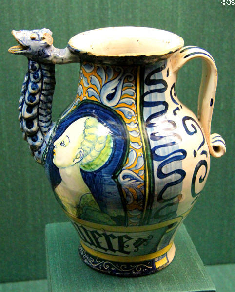 Ceramic apothecary pitcher for Orsini-Colonna type violet honey (c1540-50) from Castelli, Italy at Bavarian National Museum. Munich, Germany.