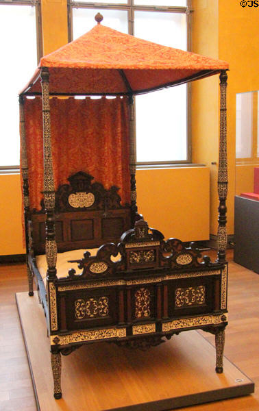 Dismantle-able travel bed made of ebony, ivory & bone (c1600) from Augsburg (?) at Bavarian National Museum. Munich, Germany.