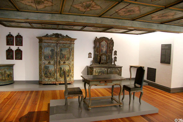 Room with Bavarian-style painted furniture & ceiling at Bavarian National Museum. Munich, Germany.