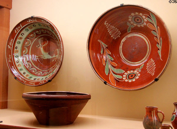 Painted redware ceramic bowls (19thC) from middle Franconia at Bavarian National Museum. Munich, Germany.