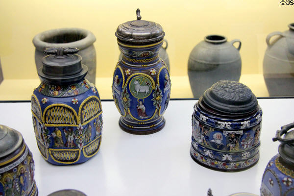 Stoneware covered blue painted vessels (17thC) from town of Creußen in Franconia at Bavarian National Museum. Munich, Germany.