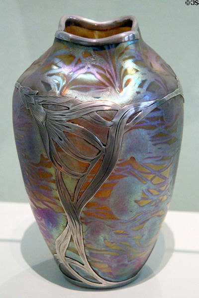 Art Nouveau glass vase with floral silver mounts (1901-2) by Johann Lötz Witwe of Klostermuhle, Bohemia & mounts by Alvin Corp. of Sag Harbor, NY at Bavarian National Museum. Munich, Germany.