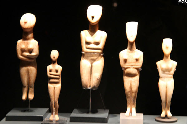 Cycladic Spedos-type female figure marble idols (2700-2400 BCE) at Bavarian State Archaeological Collection. Munich, Germany.