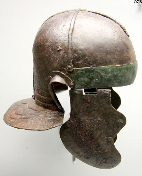 Bronze Roman infantry helmet (2nd-3rdC) found near Weißenburg at Bavarian State Archaeological Collection. Munich, Germany.