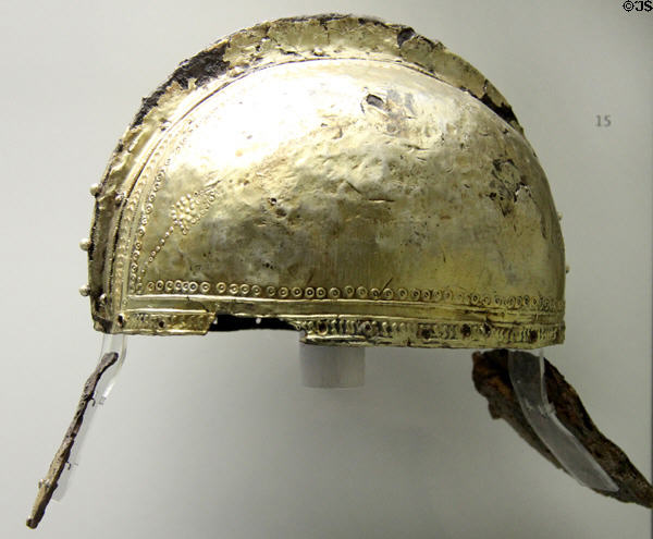 Gilded iron Roman officer's helmet (copy) (4th-5thC) from Augsburg at Bavarian State Archaeological Collection. Munich, Germany.