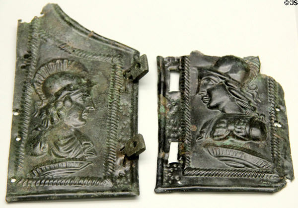 Bronze armor collar fastening plates with images of Mars & Minerva found near Manching at Bavarian State Archaeological Collection. Munich, Germany.