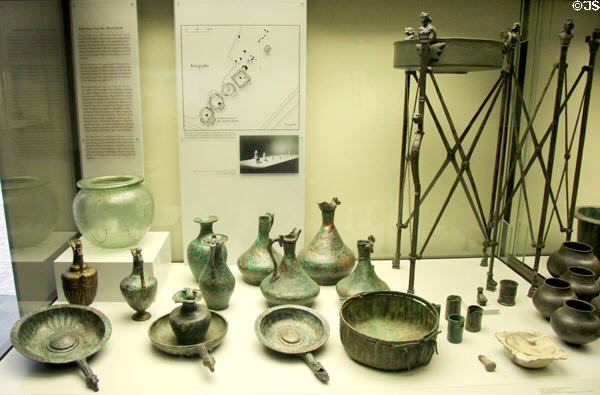 Roman-era bronze & glass grave hoard (c200 CE) found near Augsburg at Bavarian State Archaeological Collection. Munich, Germany.