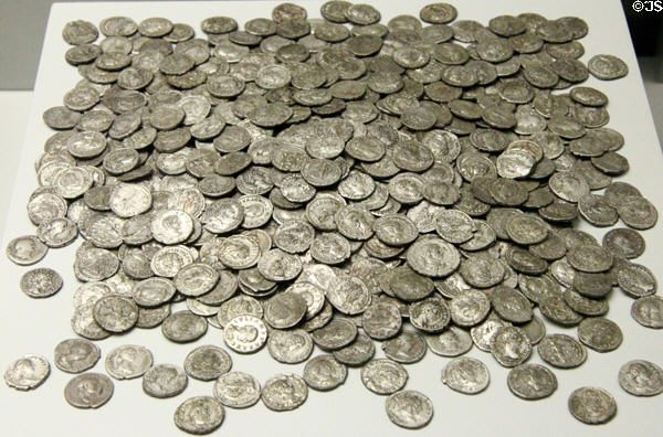 Hoard (233 CE) of Roman coins (ranging 54-228 CE) from town of Cambodunum near modern Kempten, Germany at Bavarian State Archaeological Collection. Munich, Germany.