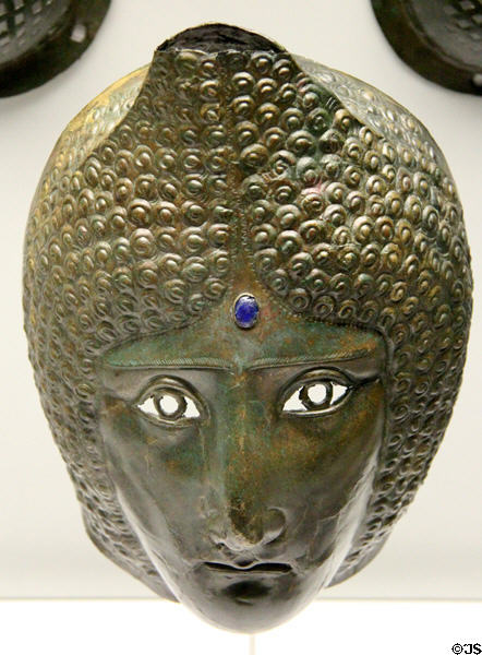 Bronze oriental-style Roman face mask from Kelheim at Bavarian State Archaeological Collection. Munich, Germany.