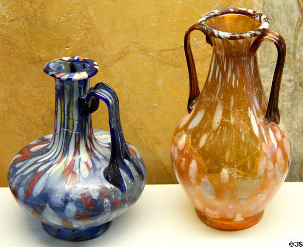 Roman glass flasks made in Italy (1stC CE) found in Kempten at Bavarian State Archaeological Collection. Munich, Germany.