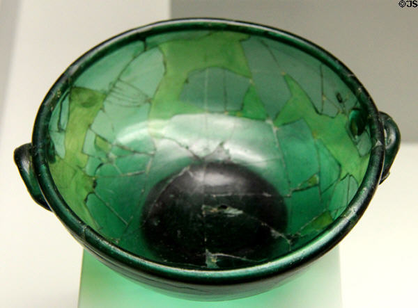 Roman green glass bowl found in Oberstimm fort at Bavarian State Archaeological Collection. Munich, Germany.