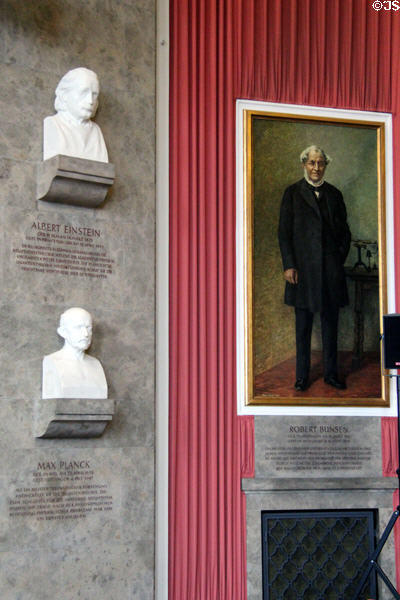 Busts of Albert Einstein & Max Planck plus painting of Robert Bunsen in lecture hall at Deutsches Museum. Munich, Germany.
