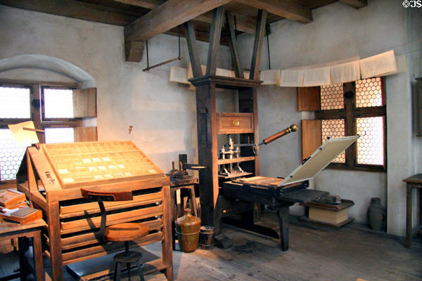 Replica of Gutenberg letterpress in shop (c1800) also containing systems for type design, type casting & typesetting at Deutsches Museum. Munich, Germany.